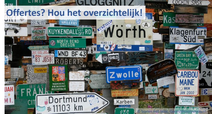 Bij de foto: 2006, Signpost Forest aan de Alaska Highway (Watson Lake, Yukon, Canada). Teveel inhoud verblindt. Als tekstdokter is mijn eerste stap het wegstrepen van alle overbodige ballast.. Illustratie Gerard van Heusden bij zijn blogs over beter scoren met offertes